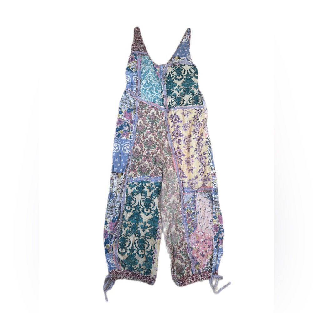 Blue Velvet Patchwork Boho Jumpsuit NWT Size Medium Wide Leg Floral - Picture 3 of 11